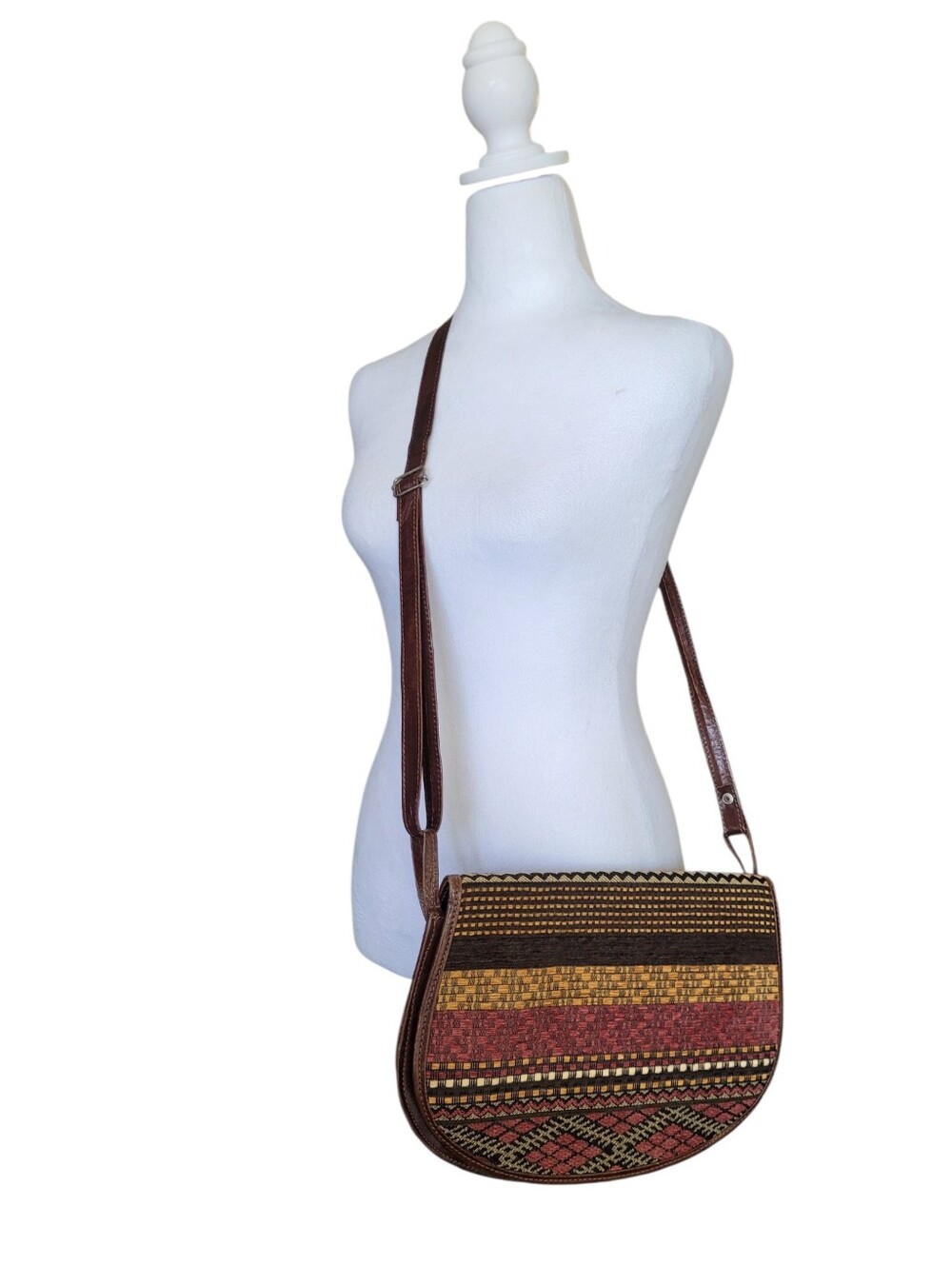 Vintage Tapestry And Leather Crossbody Saddle Bag Brown Multicolor Western Boho